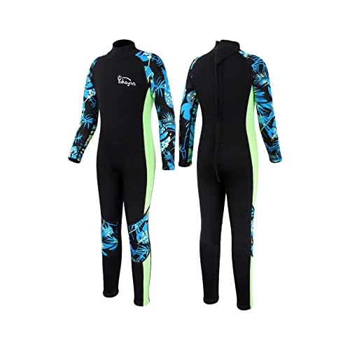 Yikayin Neoprenanzug Kinder, 2.5mm Lang Neopren Schwimmanzug Rücken-Reißverschluss, Warm Taucheranzug Jungen Mädchen zum Tauchen, Surfen, Schwimmen, Kajakfahren, SUP - Grüne Teens M