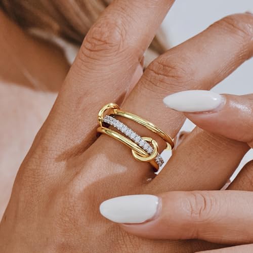 AllenCOCO 14K Gold Plated Stackable Rings, 3 Ring Set with CZ Cubic Zirconia, Gold & Silver Stacked, Multi-Link Connected Interlocking Band for Women Statement Hypoallergenic Upgraded Craft3