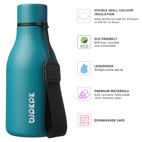 Image of BJPKPK Insulated Water Bottles, 12oz Stainless Steel Metal Water Bottle with Strap, BPA Free Leak Proof Jugs, Mugs, Flasks, Reusable Thermal Flasks for Sports & Travel, Lake Blue