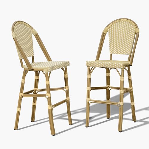 Image of PURPLE LEAF French Bar Stool Set of 2 Bamboo Print Finish Patio Bar Stools with Back Rattan Bar Chairs Wicker Bar Height Stool 30 inch with Footrest Kitchen Island Stools Outdoor Barstool Cream Yellow