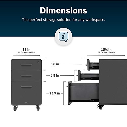 Image of Vari Three Drawer File Cabinet - Mobile Filing Cabinet for Home or Office - Hanging File Storage - Lockable Drawers with Heavy-Duty Steel and Rolling Casters - Charcoal Grey