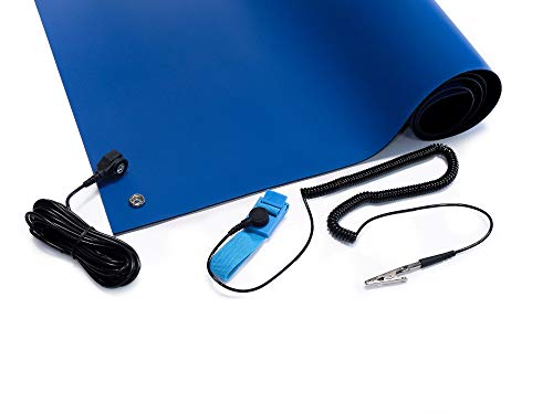 Bertech Rubber ESD Soldering Mat Kit with a Wrist Strap and Grounding Cord, 18" Wide x 36" Long x 0.06" Thick, Blue