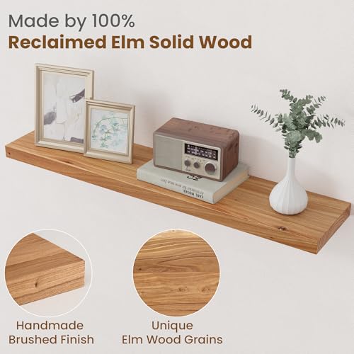 Image of Floating Shelves for Wall Decor, 8 inch Deep Rustic Solid Elm Wood Floating Shelves Wall Mounted, Wall Shelves with Invisible Bracket for Living Room Bathroom Bedroom Kitchen, 36 Inch Set of 2, Natural
