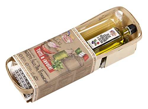 Delikatessen-Geschenkset 'Rührendes Körbchen Aglio, Olio e Peperoncino' | 1 Packung Spaghetti, 1 Flasche Olivenöl, 1 Gewürzmischung und 1 Küchentuch