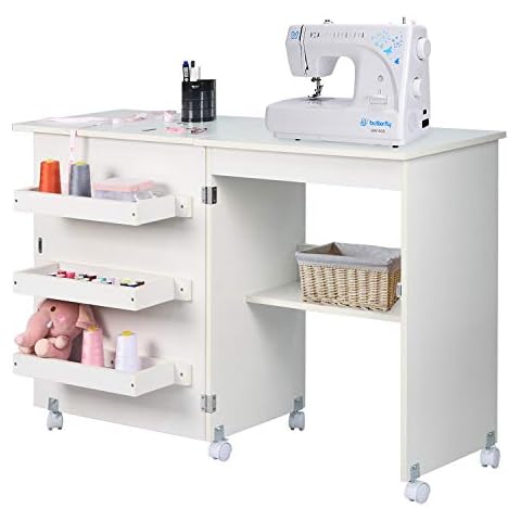 NSdirect Nähtisch, faltbarer Nähwagen und Nähschrank, verschiedene Nähset, Kunstschreibtisch mit Ablageflächen und abschließbaren Rollen, weiß Cover