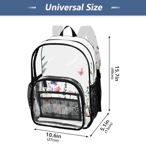 Wildflowers and Butterflies Clear Backpack - Stadium Approved Large 15.7-inch Waterproof Transparent Bag for Sports, Concerts, Work, Travel#2924