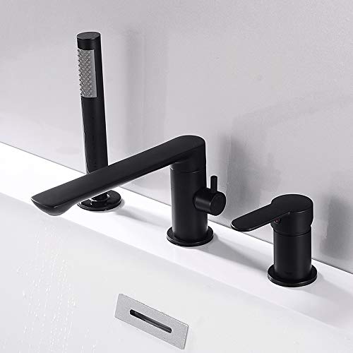 ASerZenith Bathtub Faucets 3 Holes Black Hot Cold Bath Shower Faucet with Hand Shower Deck Mounted Water Mixer Crane(Type B-black)