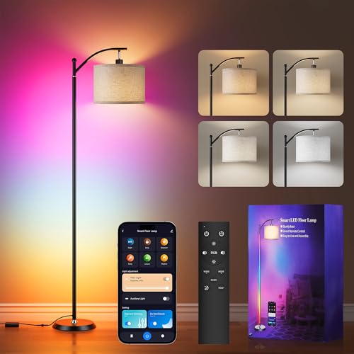 Image of Smart LED RGBCW Corner Lamp with Linen Lampshade Compatible with Alexa, Color Changing Standing Lamp with 16 Million DIY Colors, Music Sync, Tall lamp for Living Bedroom Room,APP /Voice /Remote Control