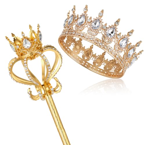 Junkin Crown and Wands Set for Women Crystal Headpiece Rhinestone Queen Scepter for Halloween Princess Fairy Costumes Cosplay (Classic Gold)