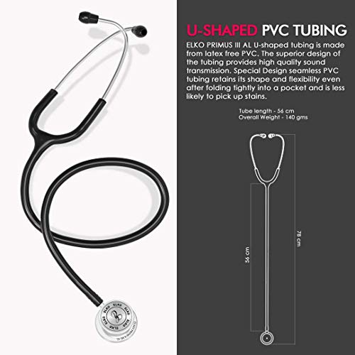 Image of ELKO EL-160 Primus III AL Aluminum Head Stethoscope For Doctors and Medical Students | Double Sided Chest Piece For Adult & Pediatric Patients | U-Shaped PVC Tubing | Soft Sealing Ear Knobs (Black)