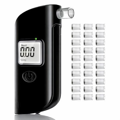 JICICUXI Alkoholtester Polizeigenau, Tragbarer Promillemessgerät, Professioneller Alkoholmessgerät mit 30 Mundstücken, Alkohol Tester mit Digitaler LCD-Anzeige für Familienfeier,Perlschwarz