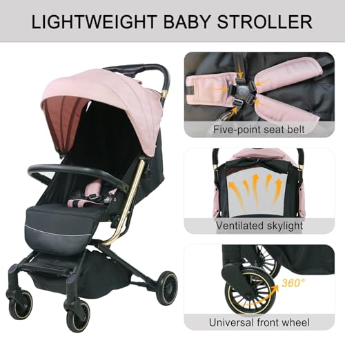 Lightweight Baby Stroller,Ultra Compact & Airplane-Friendly Travel Stroller, One-Handed Folding for Toddler, Only 13lbs,with Sleep Shade, Oversize Basket (Pink) - Image 3