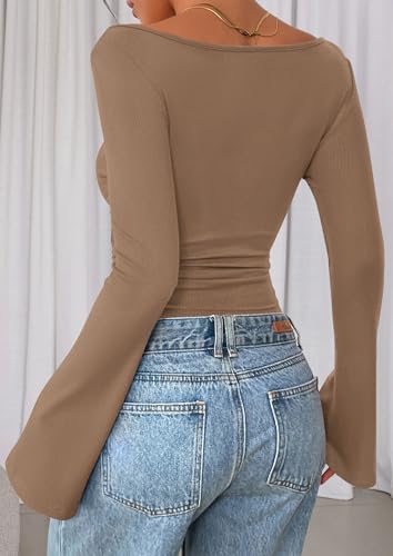 Image of PRETTYGARDEN Women Long Sleeve Shirt 2025 Crop Casual Boat Neck Bell Sleeve Ribbed Ruched Y2K Clothing