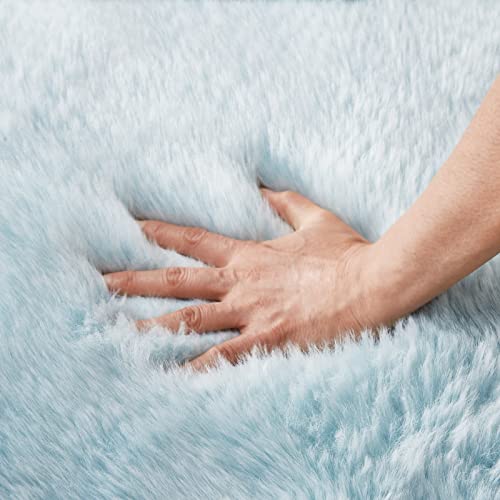 Joniyear Luxury Thick Plush Shaggy Faux Fur Area Rug For Bedroom 3' X 5', Soft Decorative Gradient Fluffy Floor Cover Mat For Living Room, Washable Fuzzy Bedside Rug Carpet For Dorm/Kids Room,Sky Blue #TOP3
