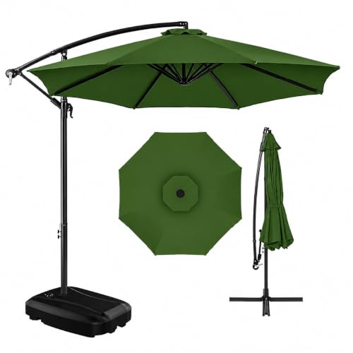 Image of Hukimoyo 10Ft Diameter Large Outdoor Patio Cantilever Offset Umbrella with Base Stand, Waterproof Heavy Duty Garden Parasol Sun Shade Canopy, Side Pole Umbrella for Backyard, Poolside, Deck, Lawn, Terrace, Cafe.