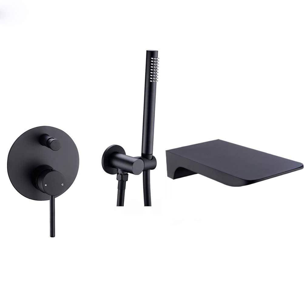 CWCQGH Bathtub Faucet with Shower, Brass Tub Taps with Shower, Waterfall Hot Cold Mixer Tap with Valve Trim Kit and Hand Held Sprayer Head Bathtub Faucet with Hand Shower and Sh,Matte Black