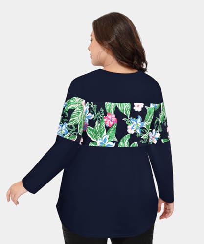 Image of CARCOS Plus Size Tops for Women Long Sleeve Fall Tunic Color Block Camo /Plaid /Leopard /Fall Blouse Crewneck Tshirt XL-5XL