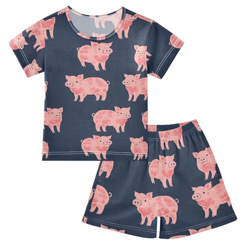 ALAZA Blue Pig Cartoon Pajamas Set Short Sleeve Cotton Sleepwear Summer Pjs 2 Piece 5-14Y