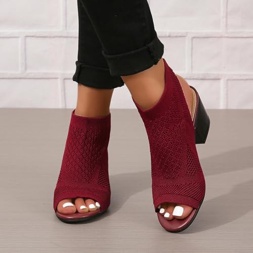 Image of Peep Toe Booties for Women Open Toe Heeled Sandals Knit Cutout Chunky Block Heel Breathable Fashion Shoes US5-11