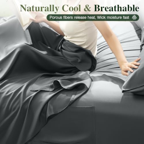 Image of 100% Organically Grown Bamboo Viscose King Sheet Set with Pockets on Side | Hotel Luxury Bed Sheets Set, Deep Pocket Up to 16 Inches, Ultra Soft Cooling Sheets 4pcs (Dark Grey)