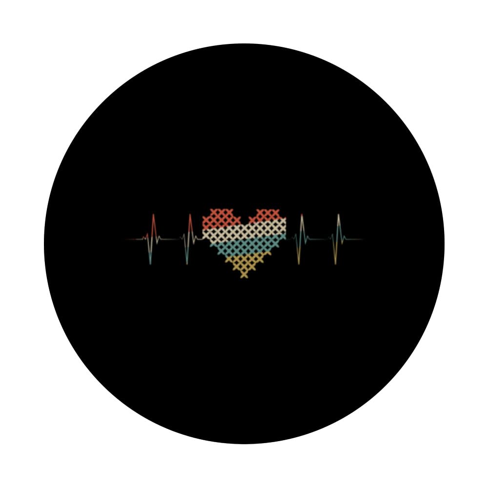 Cross Stitching Heartbeat Retro ECG EKG PopSockets Swappable PopGrip, Black - Image 3