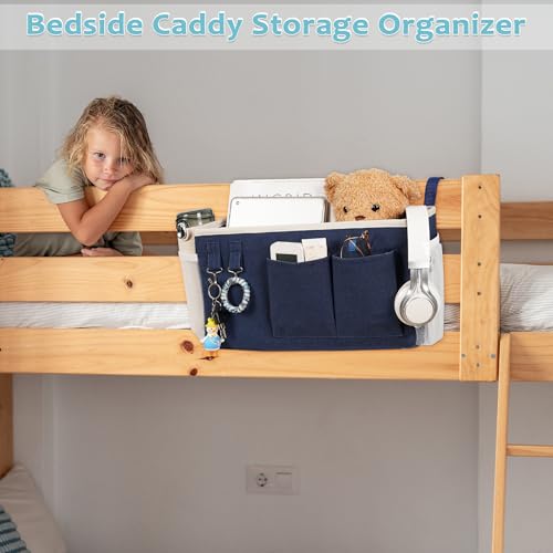 Image of Loghot Bedside Caddy /Bedside Storage Bag Hanging Organizer for Bunk and Hospital Beds,Dorm Rooms Bed Rails,Can be Placed Glasses,Books,Mobile Phones,Keys (2pc Navy Blue)