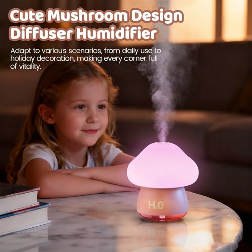 AVEKI Cool Mist Air Humidifier, 200ML Mushroom Shaped Essential Oil Diffuser with 7 Color Touch Night Light, USB Personal Desk Humidifier for Bedroom Office Home, Auto Shut-Off & Super Quiet (Pink) - Image 2