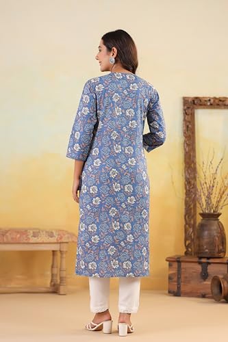 Image of Ichaa Women's Pure Cotton Embroidered V-Neck Ethnic Kurta with 3 /4th Sleeve for Daily and Office Wear, in Plus Sizes