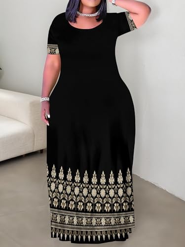 Image of PinkPatty Plus Size Maxi Dress for Curvy Women Crew Neck Long Sleeves Casual Dress Vacation Sundresses with Pockets