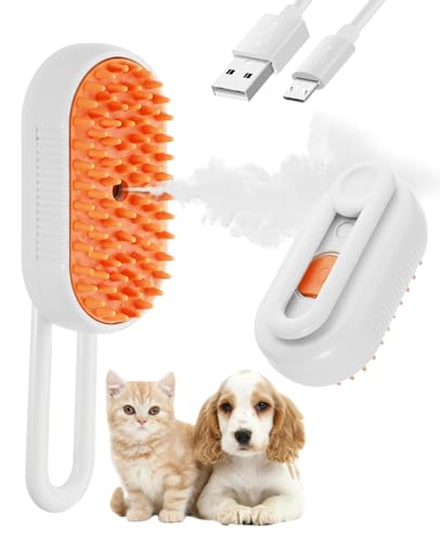 Image of Cat Steam Brush for Shedding - 3 in 1 Steam Cat Brushes for Grooming and Massage - Adjustable Cat Brush with Steam for Dogs, Removing Tangled and Loose Hair (White & Orange)