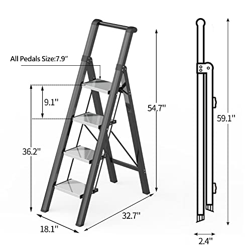 GameGem 4 Step Ladder, Folding Step Stool with Anti-Slip and Wide Pedal, Lightweight Aluminum Space Saving Stepladder with Handgrip for Home and Kitchen, 330 lbs Capacity - Thumbnail 6