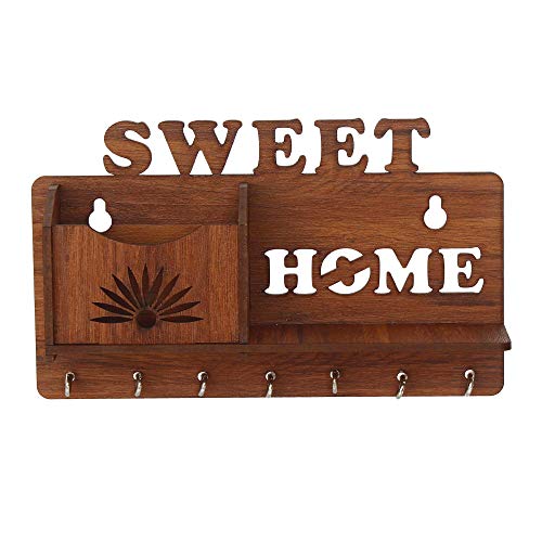 CAPIO ART Wooden Key Holders for Home Wall Stylish | Wooden Wall Mounted Sweet Home Design Decorative Key Chain Hanger with 7 Hooks, Mobile Holder & S