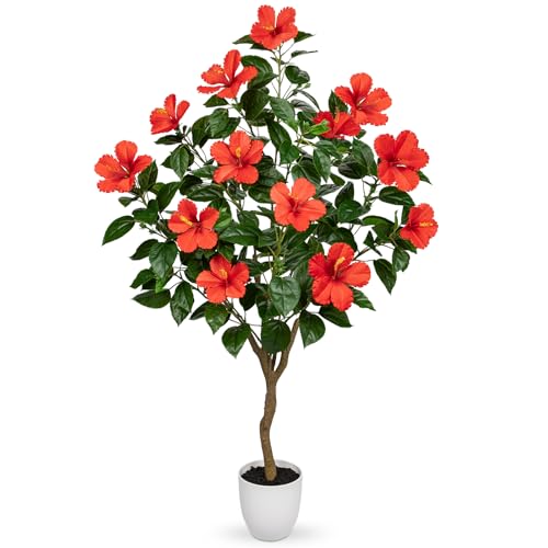 Briful Artificial Hibiscus Tree 4.13ft Tall Real Touch Fake Tree with Red Flowers Potted Faux Plant...