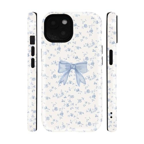 qizjio Coquette Blue Bow Floral Pattern Phone Case, Shockproof Protective Cover for iPhone 13/14