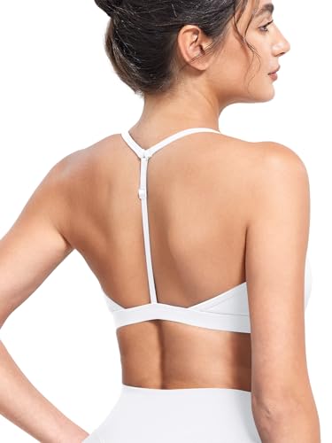Image of YEOREO CoreFlex Sports Bras for Women Strappy Padded Halter Open Back Light Impact Deep V Neck Yoga Workout Gym Tops