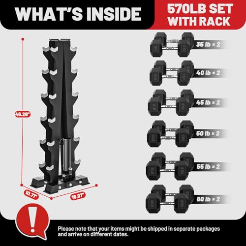 Image of PAPABABE Hex Dumbbell Sets with Rack, 100-600lb Rubber Coated Dumbbell Weight Set and Storage Rack, Multiple Options Hand Weights for Strength Training