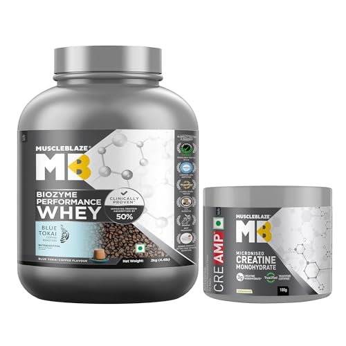 Image of MuscleBlaze Biozyme Performance Whey Protein Powder, Blue Tokai Coffee (2kg / 4.4lbs) & Micronised Creatine Monohydrate CreAMP Powder, Unflavoured (32 Servings, 100g) | Pack of 2