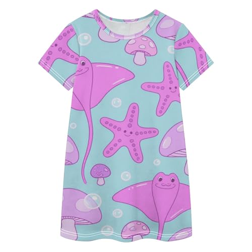 Vestido de niña en tela natural transpirable con estampado rosa de animales del océano