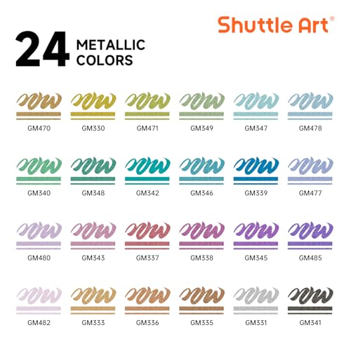 Image of Shuttle Art Automatic Ink Control Acrylic Paint Markers, 24 Metallic Colors Brush Tip Acrylic Paint Pens for Rock Painting, Ceramic, Wood, Canvas, Glass, Stone, Fabric, Card, DIY Football Crafts