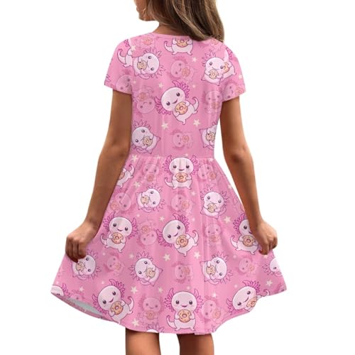 Image of Girls Dress with Pockets Basic Short Sleeve High Waist Swing Skater Dress School Party Dress for Kids