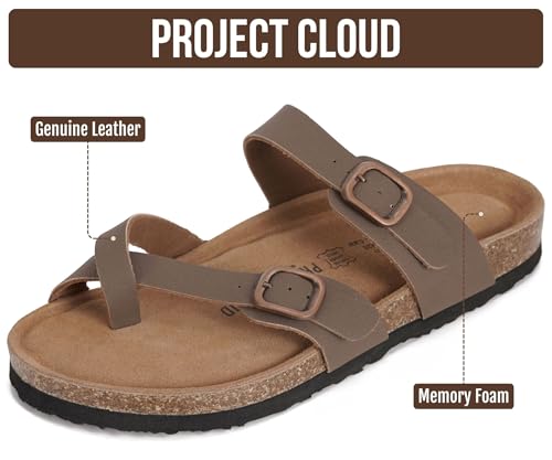 Image of Project Cloud 100% Genuine Leather Womens Sandals -Lightweight Womens Slides Memory Foam Insole & Cork Footbed Sandals Women - Non-Slip Beach Essentials Summer Sandals for Women 2026 (Lian)