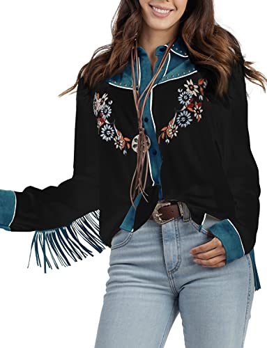 JOHN MOON Women's Embroidered Western Long Sleeve Buttons Down Shirts Collared Retro Casual Blouses Shirts