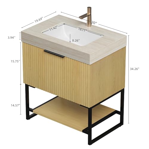 Image of 30 inch Freestanding Bathroom Vanity with Sink, Bathroom Vanity with Sintered Stone Top & Undermount Ceramic Basin, Pre-Assembled Striped Bathroom Storage Cabinet with Drawer & Open Shelf, Oak