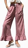 TARSE Women’s Plaid Wide Leg Pants Linen Flared Leg Baggy Drawstring Ruffle Palazzo Pants with Pockets(Redwhite, M)