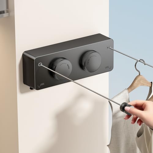 MUSTORN Retractable Clothesline Indoor, Non-Sagging Twin Clothes Line Retracting Outdoor Heavy Duty Clothes Drying Laundry Line Wall Mounted Stainless Steel Double Line-13.8 ft(Black)