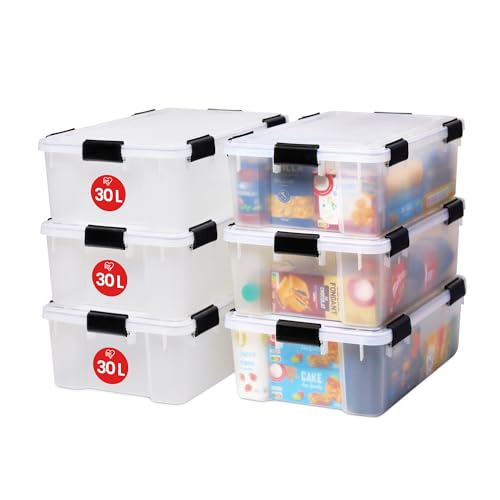 Iris Ohyama, Scatole Portaoggetti Ermetiche in Plastica, 30L, Set di 6, Trasparente, Coperchio Impermeabile, con Chiusura, Impilabile, Per Esterni, Garage, Vestiti, Antipolvere, Senza BPA, AT-LS