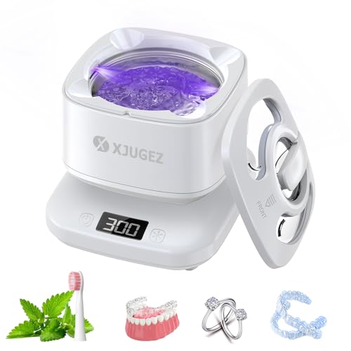 XJUGEZ Limpiador Ultrasonidos, 42KHZ Ultrasonidos Limpieza 24W 180ML Lámpara UV Ultrasonic Cleaner Portátil Limpiador Ultrasónico Eficiente de 360° para Dentaduras Retainer Férula Dental Joyas, Blanco