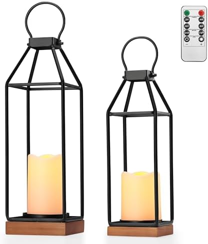 Perfnique Metal Lanterns w/ Pine Wood, Set of 2 Farmhouse Lantern...