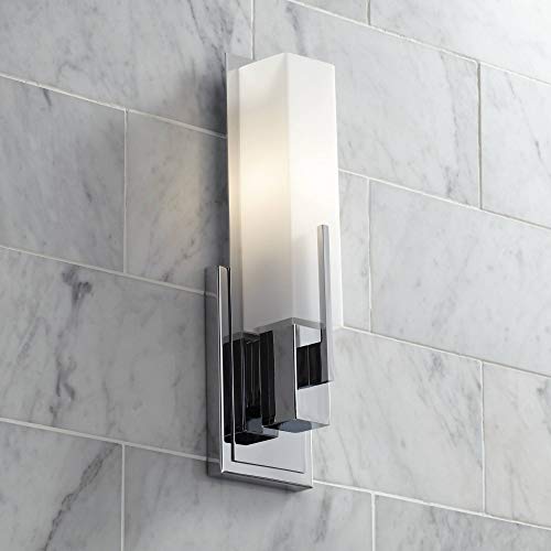 Image of Possini Euro Design Midtown Modern Wall Mount Light Sconce Chrome Hardwired 15 inch High Fixture Rectangular Opal White Glass for Bedroom Bathroom Bedside Living Room Home Hallway Dining Kitchen