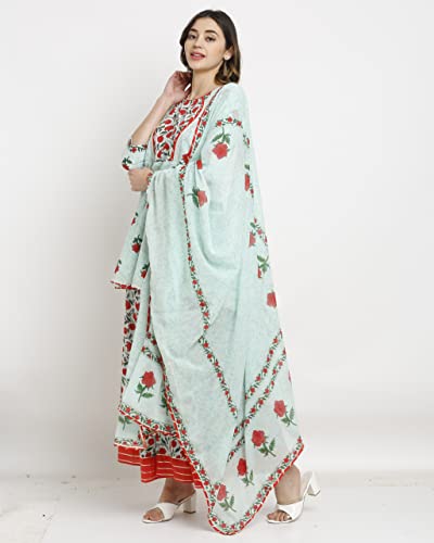 Image of Rajnandini Women's Pure Cambric Cotton Jaipuri Floral Printed A-Line Kurta Set With Dupatta (Ready To Wear; Sea Green; Small)(JOPLJPR803-S)
